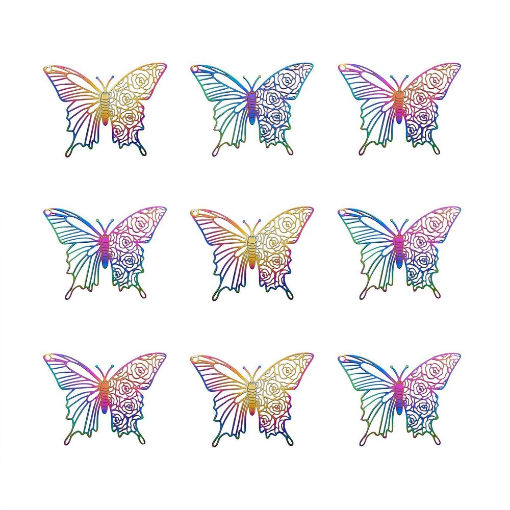6882 50Pcs Stainless Steel Butterfly Filigree Pendants 31x40x0.3mm Rainbow